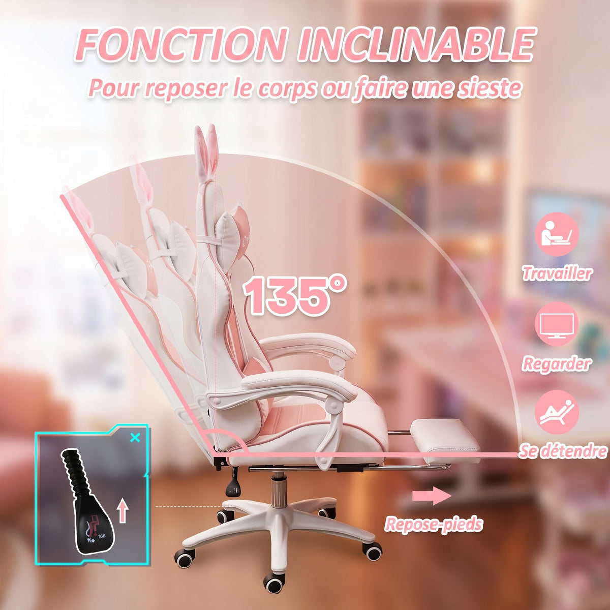 Chaise de gaming avec support lombaire, hauteur réglable, dossier inclinable, oreilles de lapin et appui-tête, rose-5