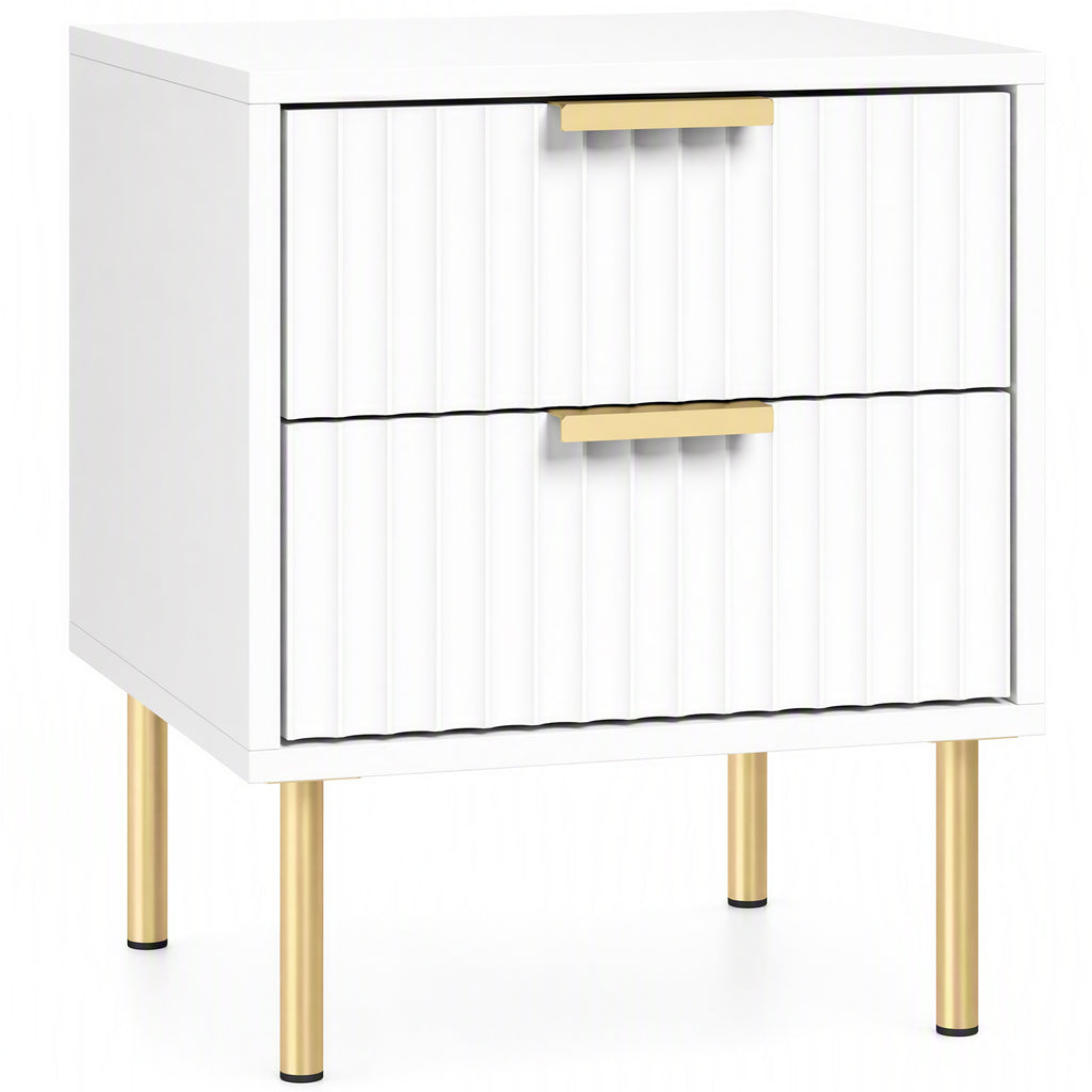 Table de chevet, table de nuit cannelée avec 2 tiroirs et pieds en acier, pour chambre à coucher, salon, blanc-0