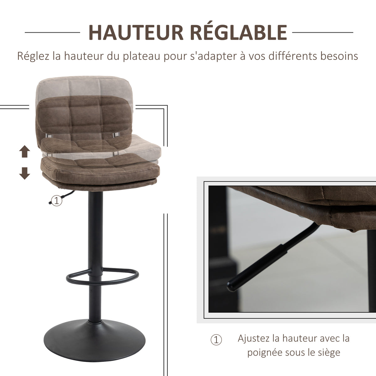 Lot de 2 tabourets de bar Vintage capitonné - pivotant, réglable - repose-pied - revêtement synthétique marron-3