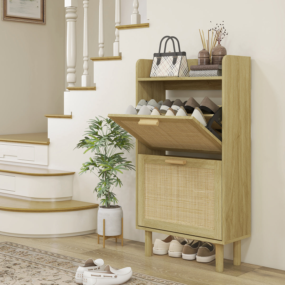 Meuble à chaussures 2 portes abattants étagère effet rotin tissé design bohème - dim. 80L x 24,5l x 110H cm-1