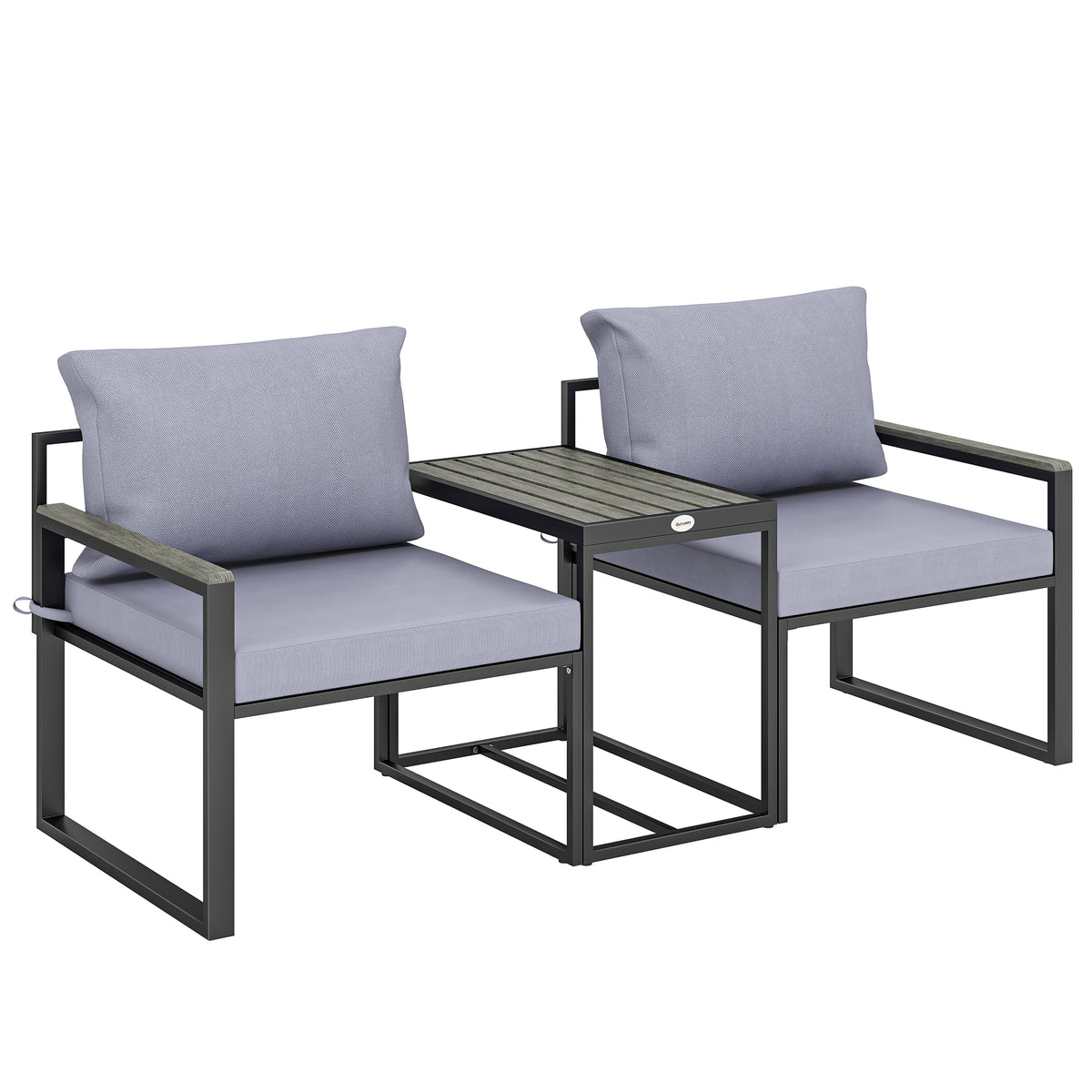 Salon de jardin 3 pièces coussins 14cm et accoudoirs en composite bois-plastique 2 fauteuils et table d'appoint gris-0