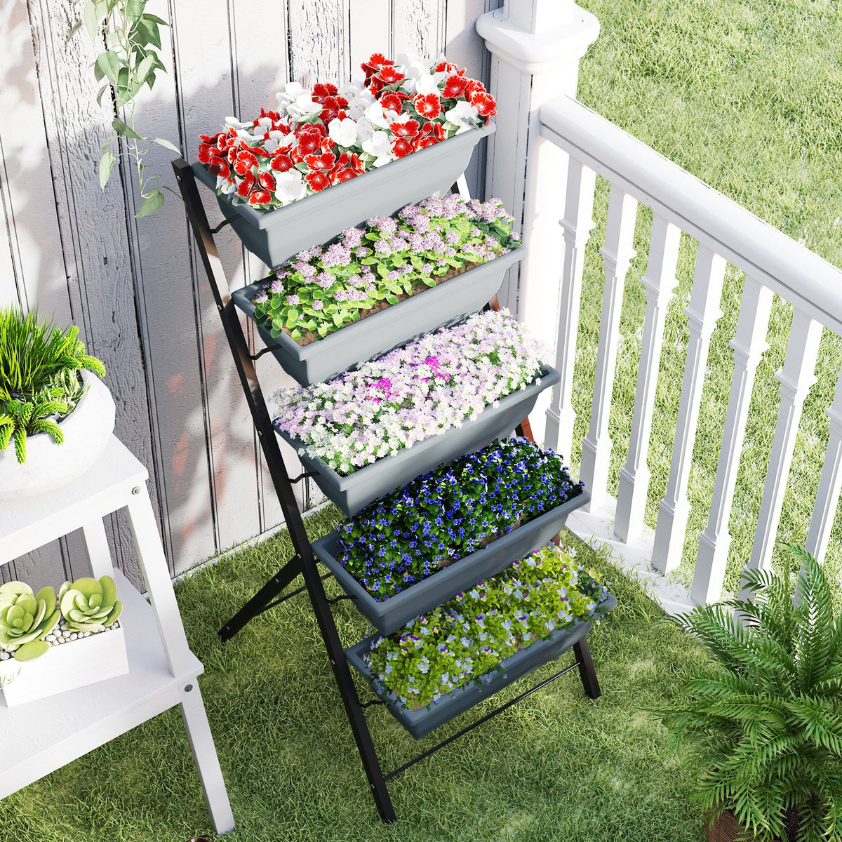 Jardinière surélevée avec étages jardinière verticale avec 5 bacs à fleurs trous de drainage cadre en acier gris-6