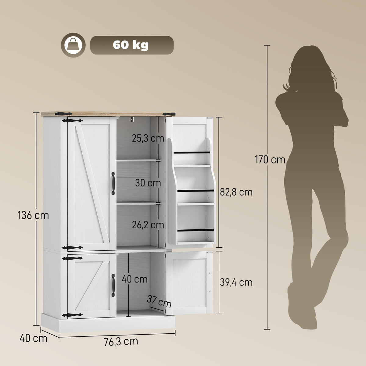 Buffet de cuisine, armoire de cuisine avec 4 portes, 6 porte-épices et étagères réglables, 76,3 x 40 x 136 cm, blanc-2