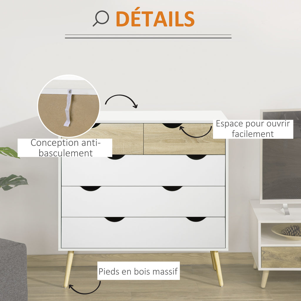 Commode 5 tiroirs Design scandinave Meuble de Rangement Chambre Panneau de Particules 99 x 39 x 101 cm Blanc Aspect chêne Clair-4