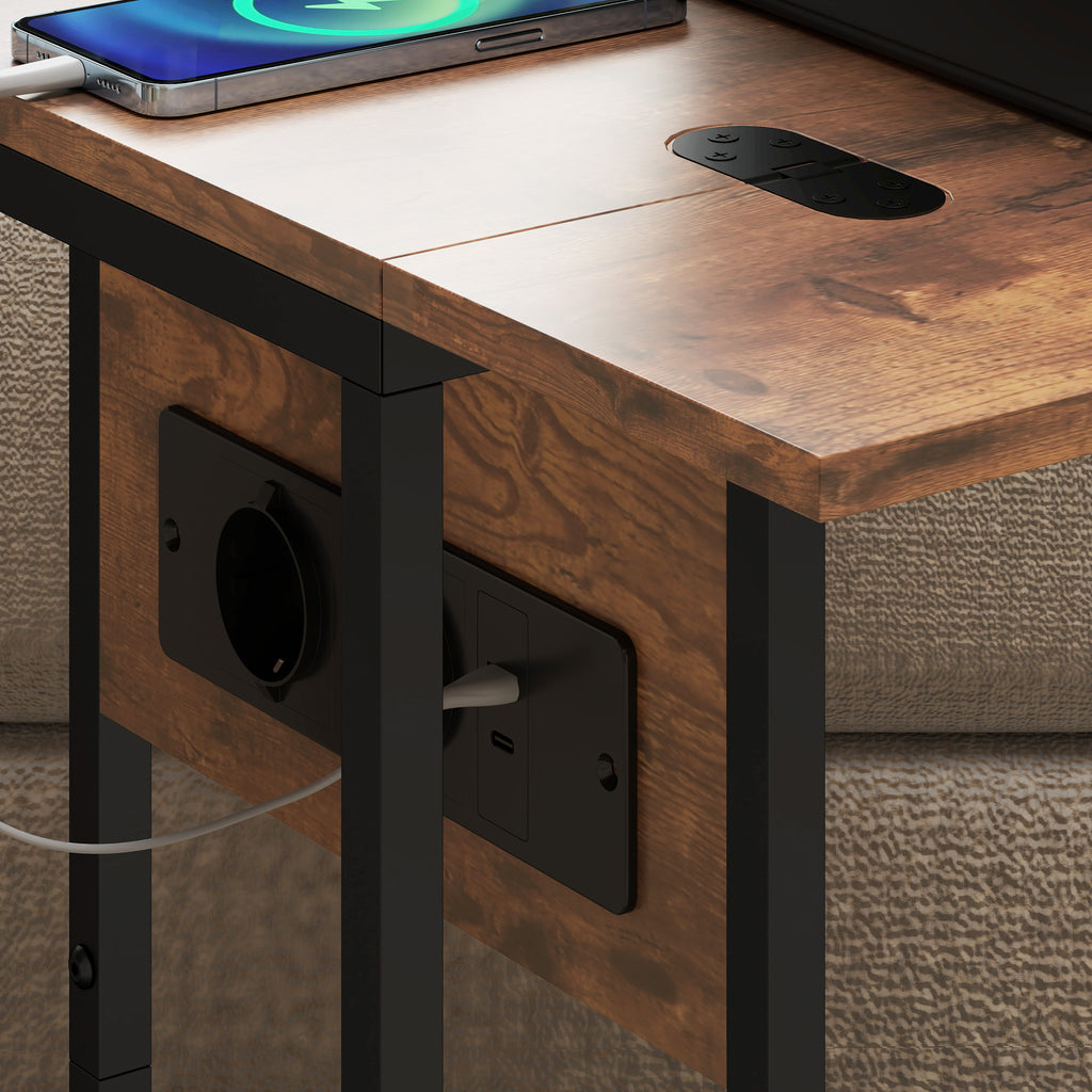 Table d'appoint bout de canapé avec station de charge, plateau pliable, 39 x 29 x 57 cm, brun rustique et noir-8
