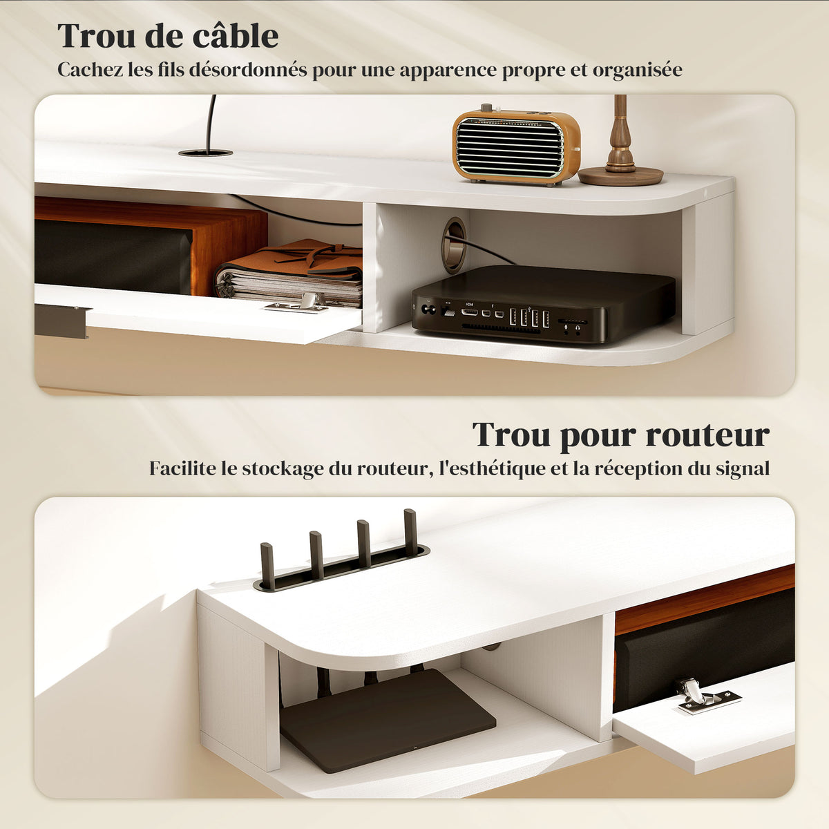 Meuble TV suspendu, meuble télé pour téléviseur jusqu'à 50 pouces, tiroir rabattable 2 étagères 120x24x16cm blanc-5