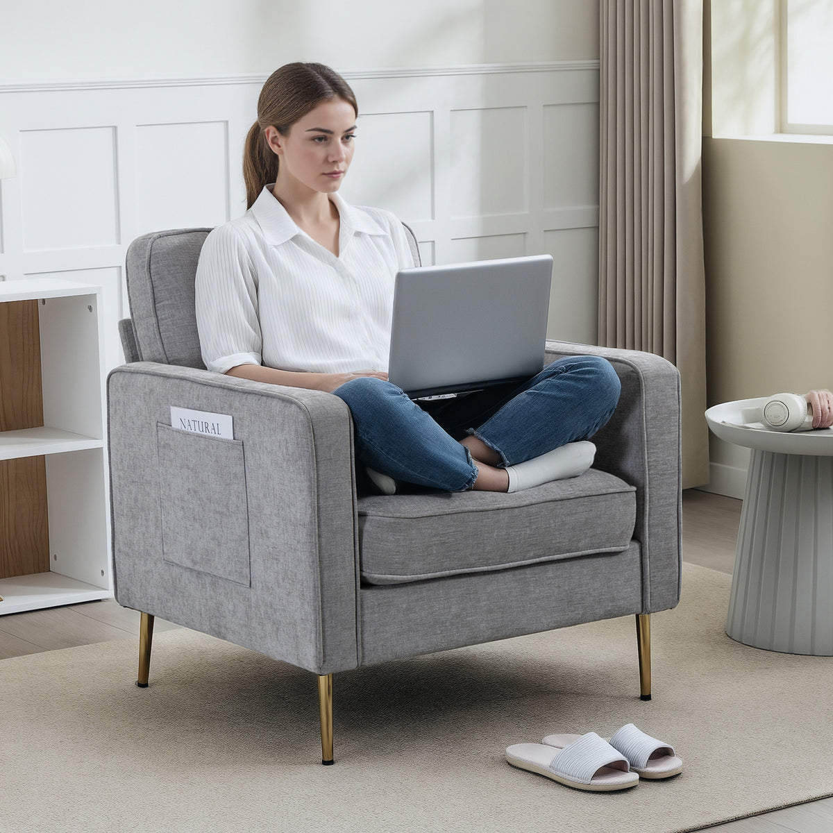 Fauteuil en tissu avec pieds en acier doré, grand confort, pochettes latérales, pour salon, bureau, chambre, gris-7