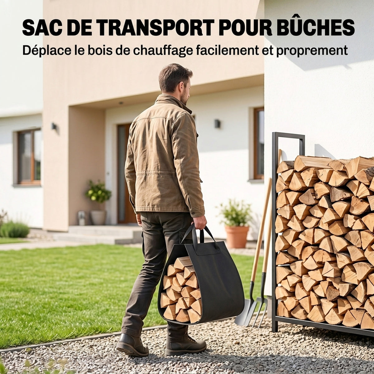 Serviteur de Cheminée 6 Pièces avec Sac à Bûches, Brosse, Pelle, Tisonnier, Pince et Support, 30 x 22 x 86 cm, Noir-4