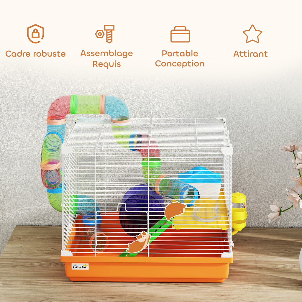 Cage à Hamster Rongeur 2 Niveaux avec Tunnel, Biberon d'Eau, Roue, Maisonnette, Échelles, 46 x 30 x 37 cm, Orange-6