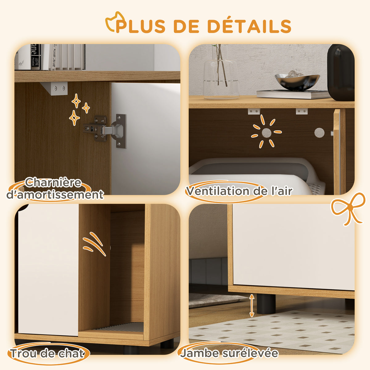 Meuble à litière maison de toilette sur pieds pour chat 2 en 1 portes style scandinave 80 x 48 x 48 cm naturel et blanc-6