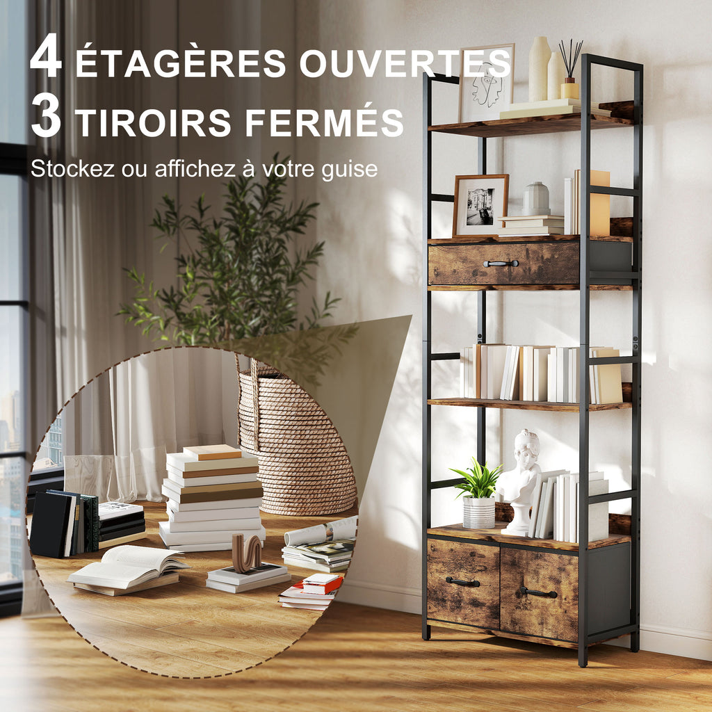 Bibliothèque étagère de rangement à 6 niveaux avec 4 étagères, 3 tiroirs en tissu, 60x30x176cm, brun rustique-3
