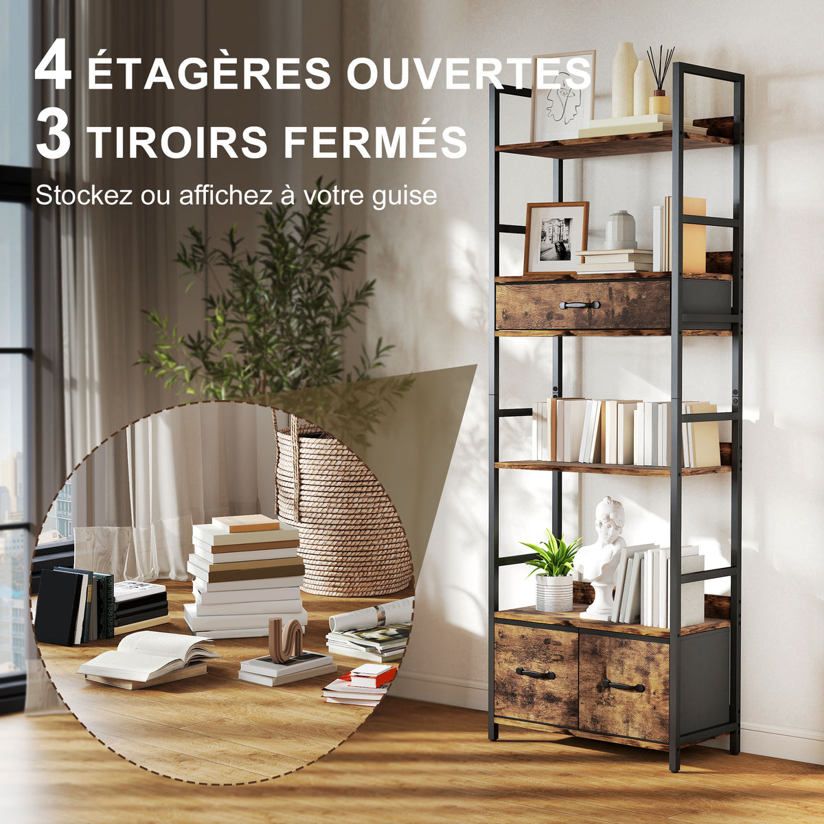 Bibliothèque étagère de rangement à 6 niveaux avec 4 étagères, 3 tiroirs en tissu, 60x30x176cm, brun rustique-3