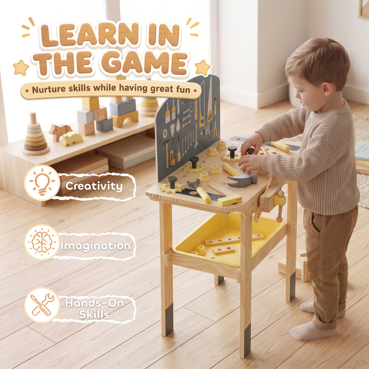 Établi en Bois pour Enfants avec 28 Accessoires, Boîte de Rangement, Établi d'Imitation dès 3 à 8 Ans, Naturel-7