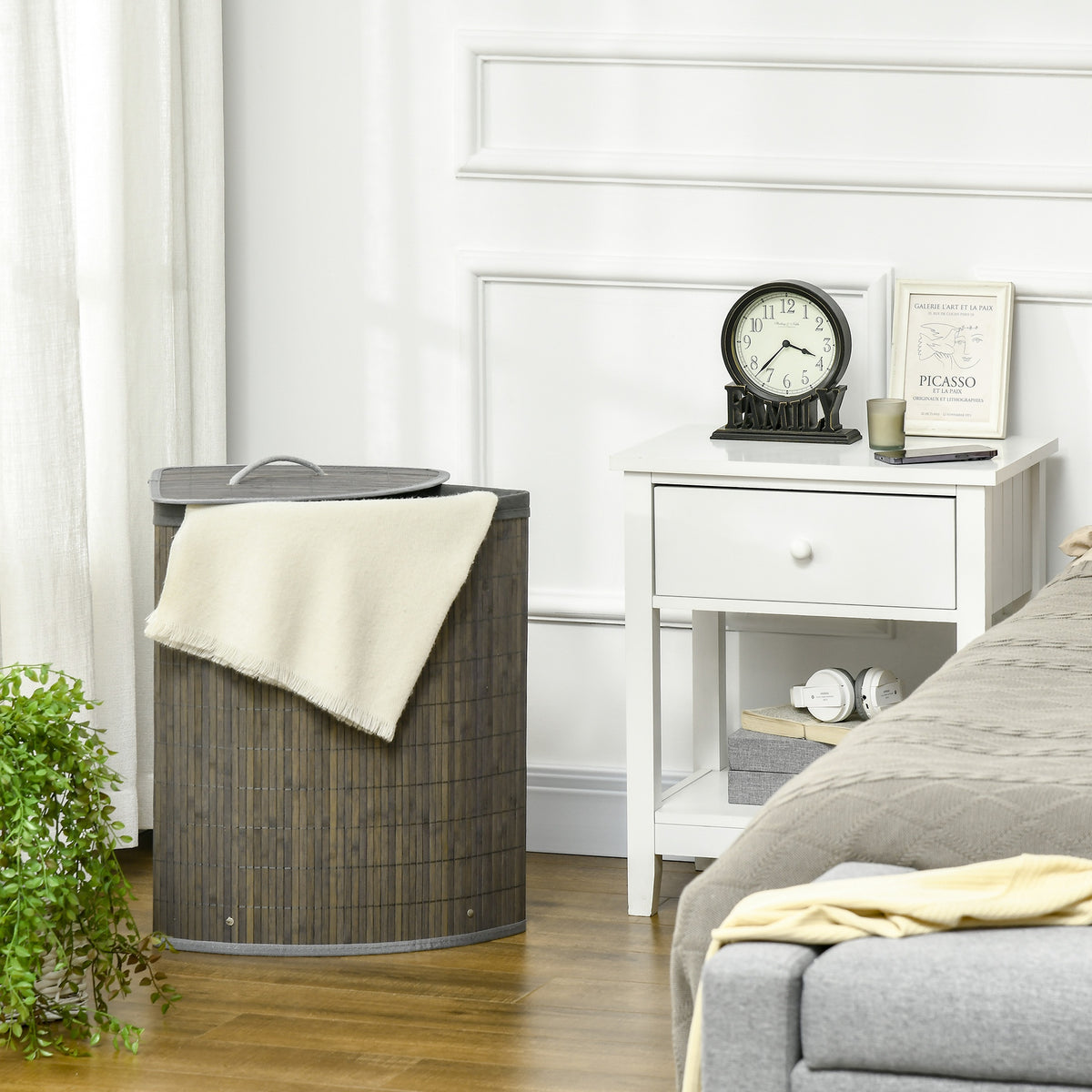 Panier à linge en bambou d'angle 55L avec couvercle et sac amovible 38 x 38 x 57 cm gris-9