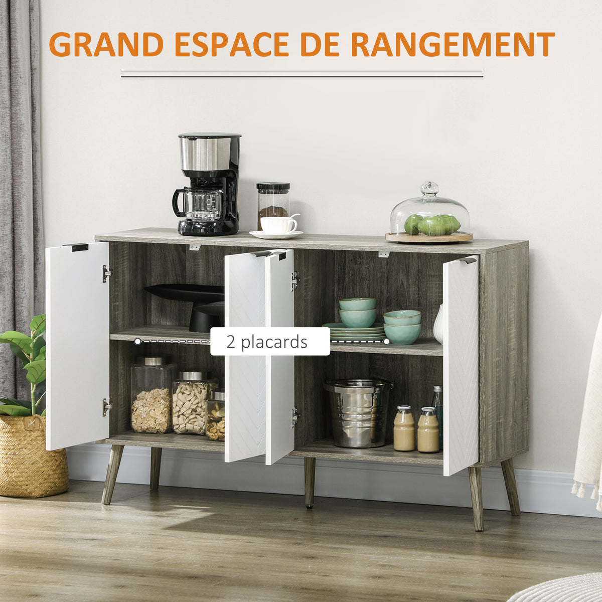 Buffet bas meuble de rangement 2 placards 4 portes motif chevrons étagères réglables 120 x 35 x 77,4 cm blanc et gris-3