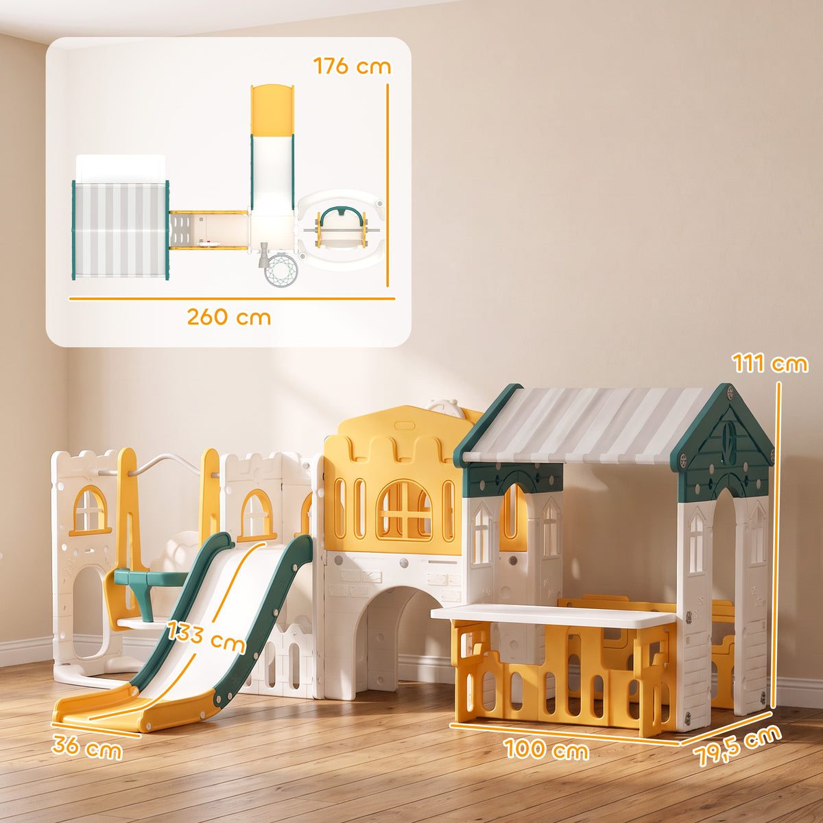 Ensemble Toboggan et Balançoire 11 en 1 Enfants, Aire de Jeux Intérieure, Maisonnette, Panier de Basket, 1-4 Ans, Jaune-2
