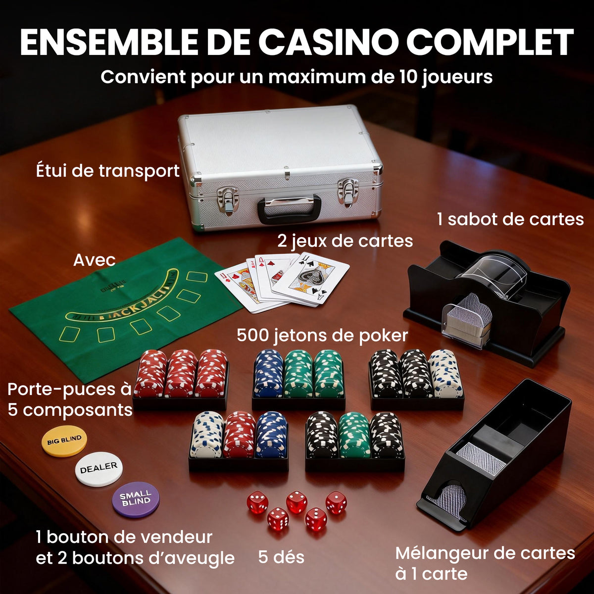 Mallette de poker coffret de poker complet 500 jetons, boîtier en ABS, cartes à jouer, dés, dealer, tapis, clés-3