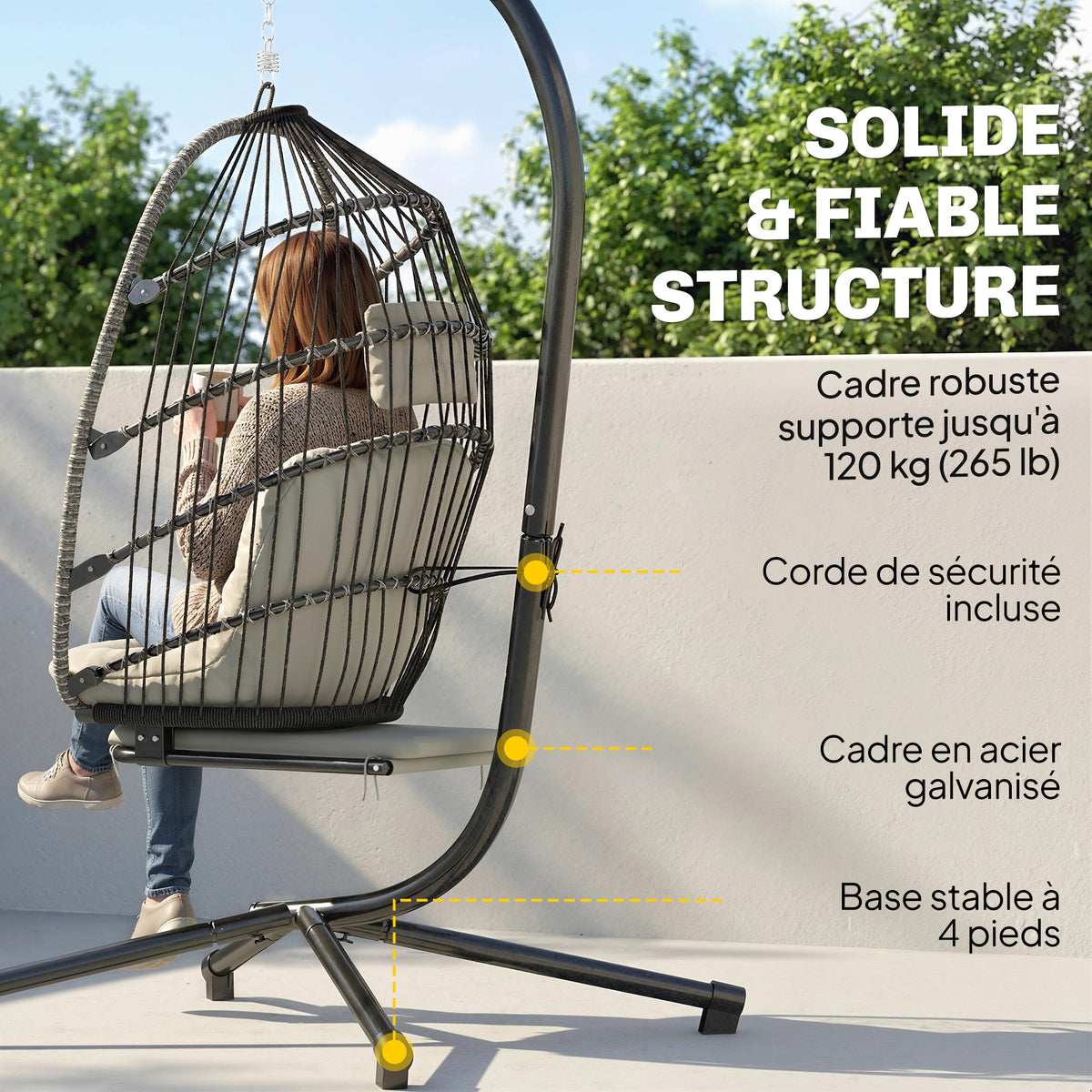 Fauteuil suspendu avec support, chaise suspendue pliante avec repose-pieds rétractable, gris clair-6