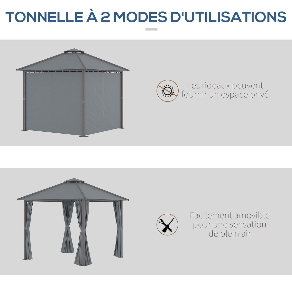 Tonnelle de jardin pour terrasse avec 4 parois latérales double toit protection solaire 3 x 3 m gris-4