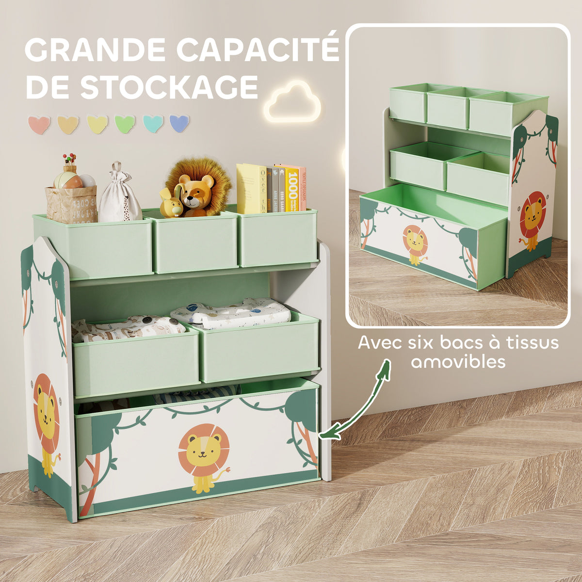 Meuble rangement enfant à 3 niveaux, étagère de rangement pour jouets enfants avec 6 boîtes en tissu amovibles, vert-3