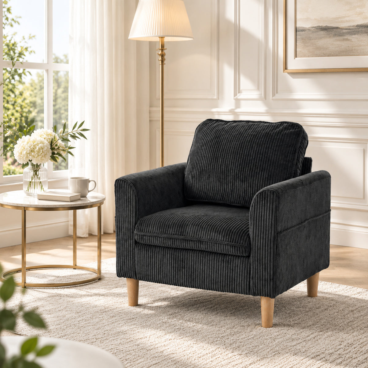 Fauteuil de salon en velours côtelé, canapé 1 place rembourré, assise large, coussin à ressorts, 83x74x87cm, Gris Foncé-1