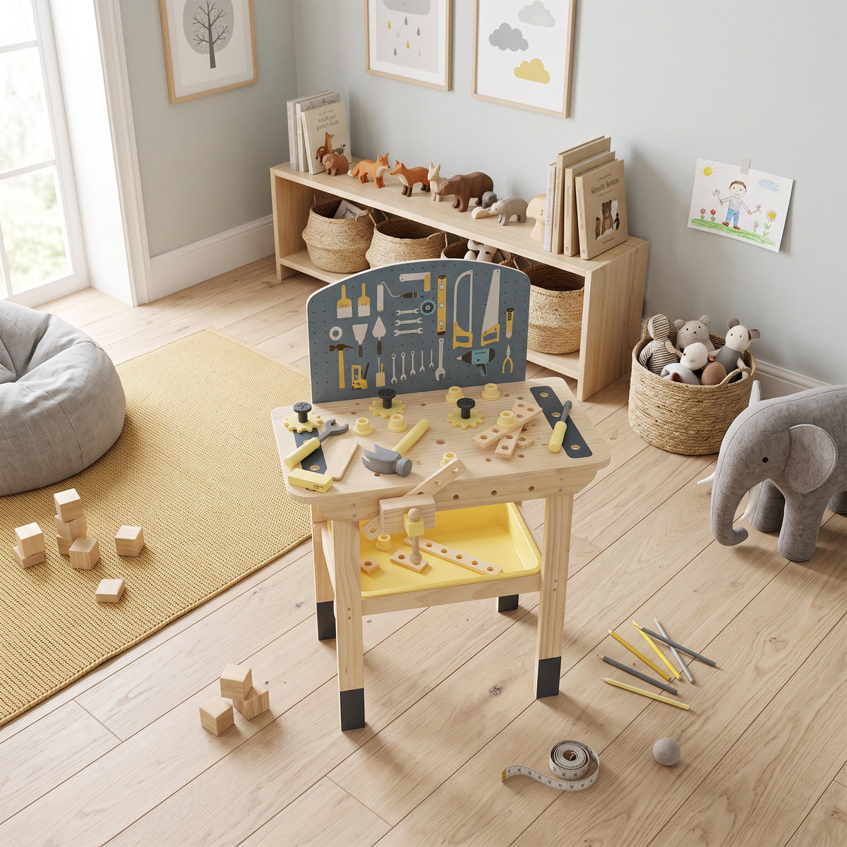 Établi en Bois pour Enfants avec 28 Accessoires, Boîte de Rangement, Établi d'Imitation dès 3 à 8 Ans, Naturel-9