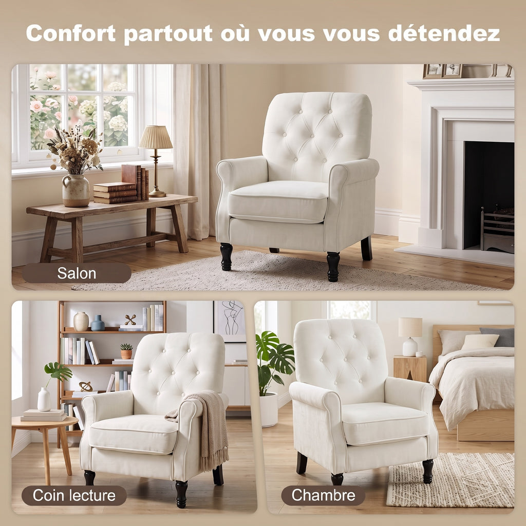 Fauteuil de salon, canapé 1 place avec assise rembourrée épaisse, coussin à ressorts, tissu en lin, 69x75x90cm, crème-6