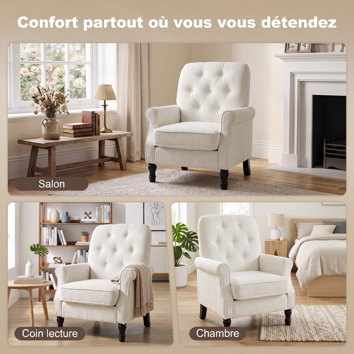 Fauteuil de salon, canapé 1 place avec assise rembourrée épaisse, coussin à ressorts, tissu en lin, 69x75x90cm, crème-6
