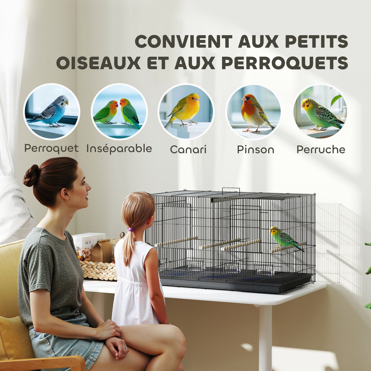 Cage à oiseaux volière intérieur acier avec séparateur 4 perchoirs plateau coulissant 4 mangeoires 76 x 46 x 46 cm noir-7