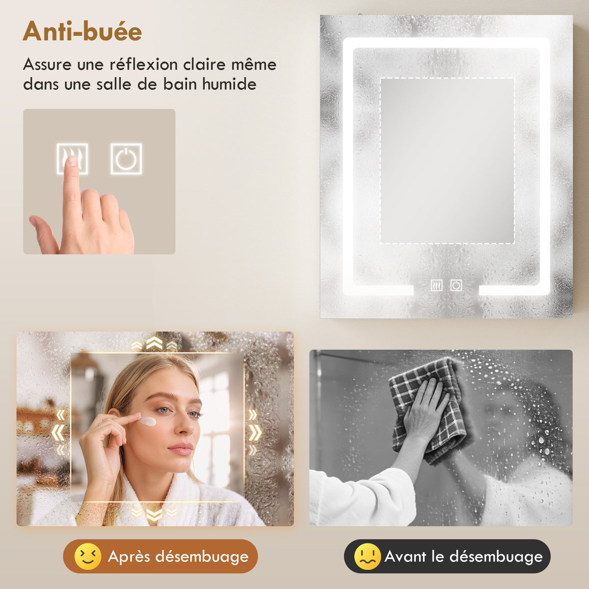 Armoire murale salle de bain avec miroir et éclairage LED, anti-buée, étagères réglables, 50 x 15 x 60 cm, blanc-4