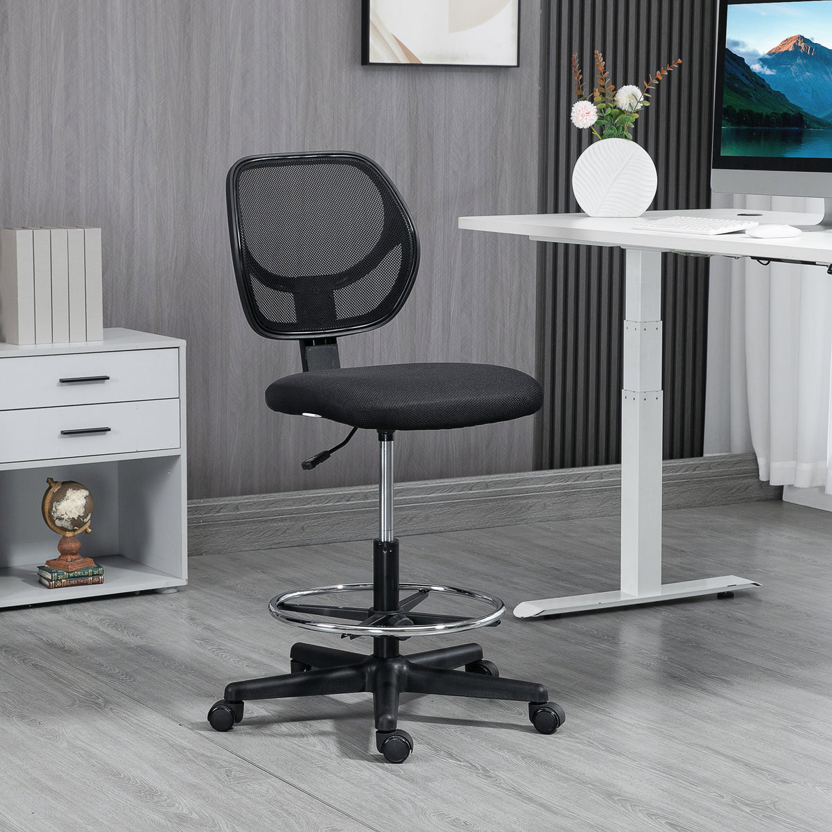 Chaise de bureau assise haute en maille hauteur réglable 50-70 cm avec repose-pied pivotant 360° noir-1