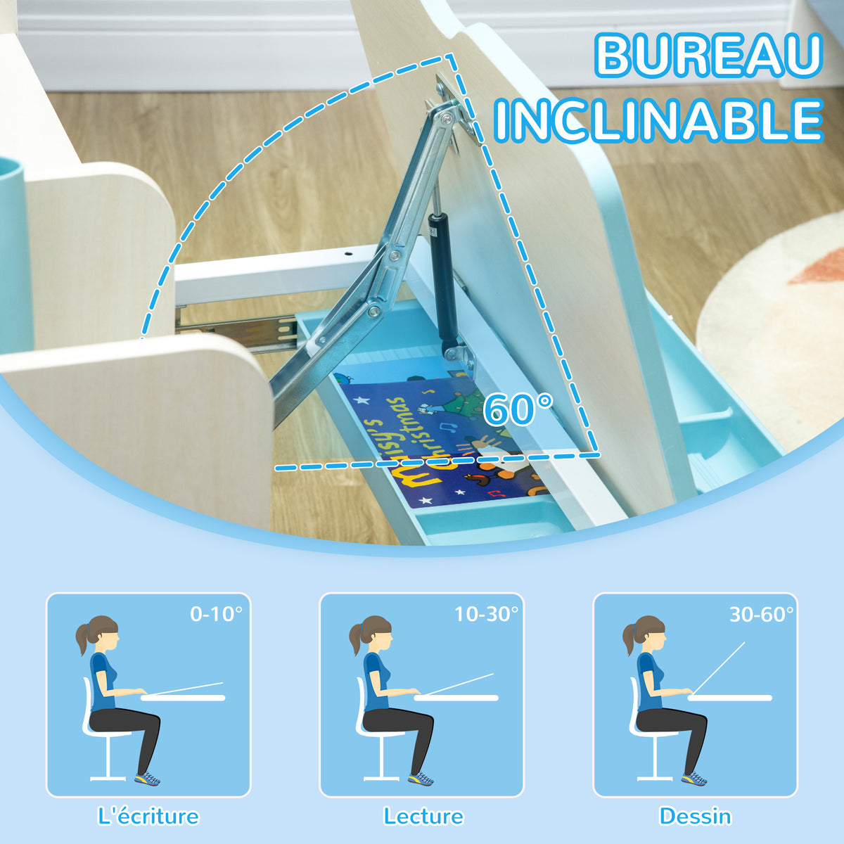 Ensemble bureau et chaise pour enfants hauteur réglable et plateau inclinable 0-60° table 80 x 52 x 88-109 cm bleu-4