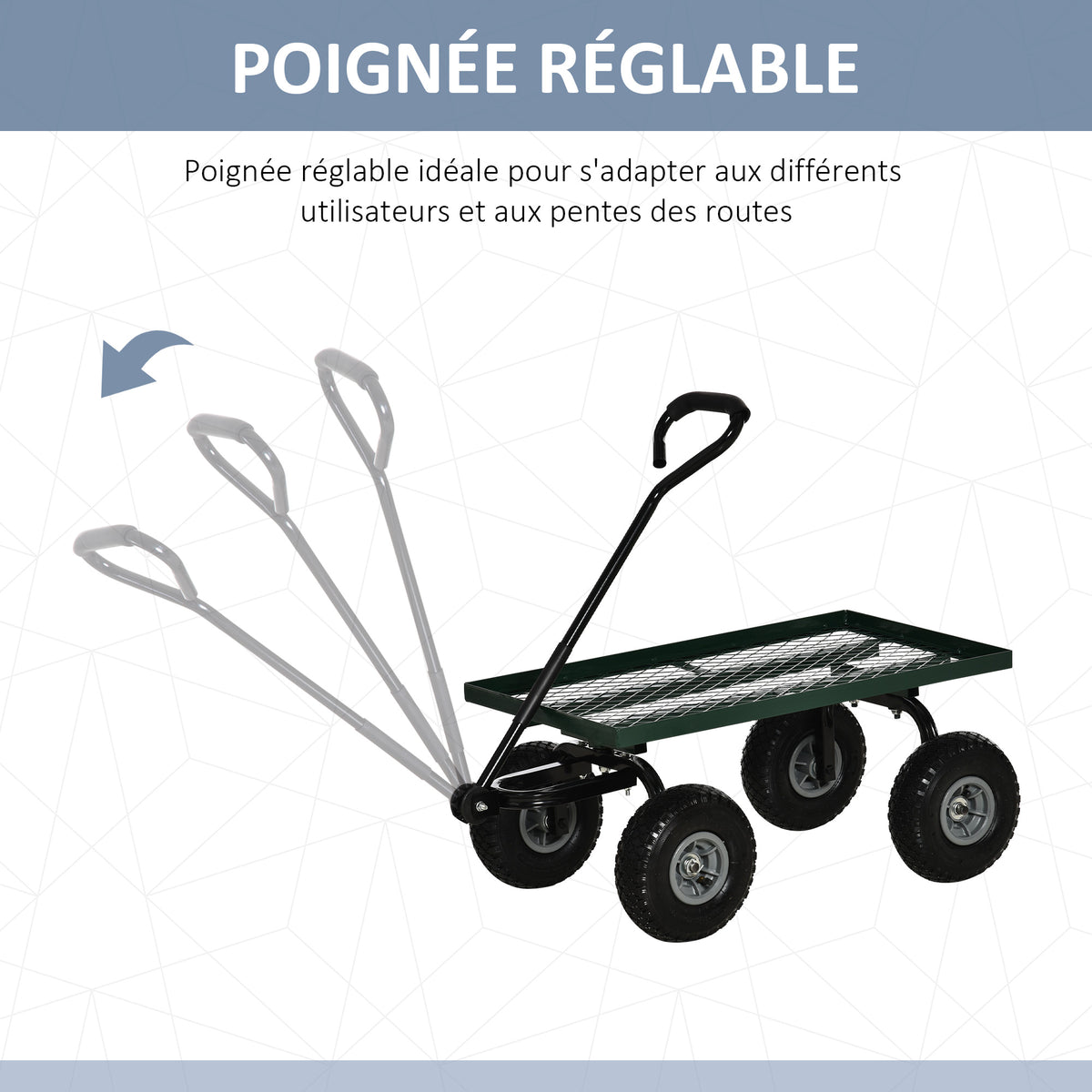 Chariot de transport jardin remorque à main charrette à bras 4 roues 94L x 48,5l x 100H cm charge max. 150 Kg métal vert-3