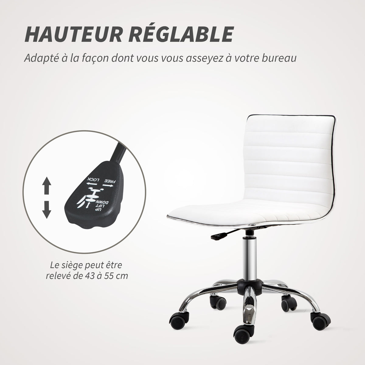 Chaise bureau sans accoudoirs, fauteuil de bureau, hauteur réglable, assise et dossier rembourrés, 48x52x78-90cm, blanc-3