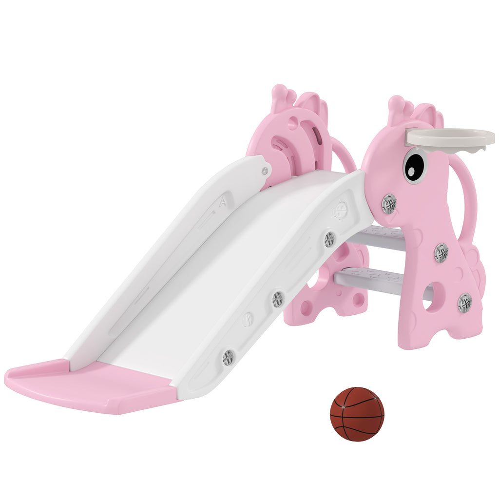 Toboggan pour enfants 3 en 1 en forme de girafe avec panier de basket, escalade et ballon, 106 x 51,5 x 52 cm, rose-0