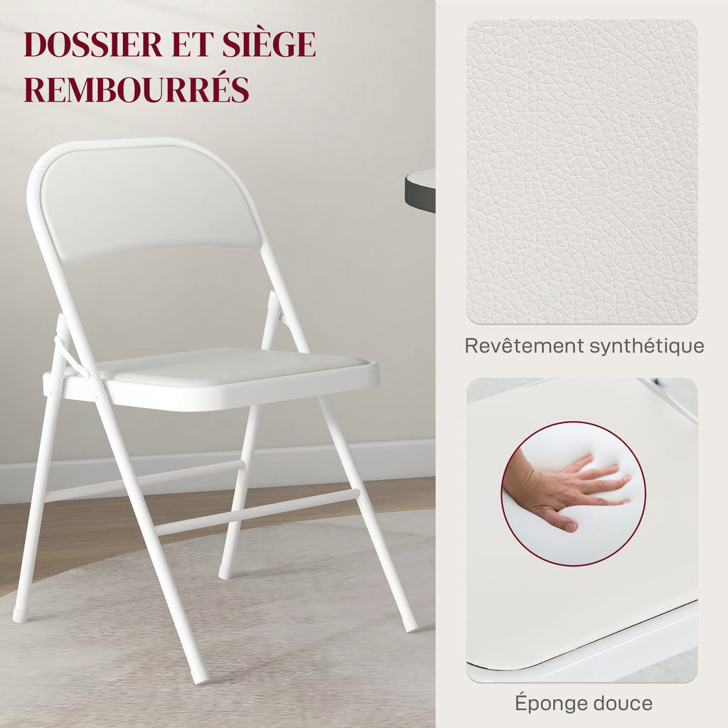 Lot de 4 chaises pliantes chaises de salle à manger portables cadre en acier dim. 45l x 46P x 78H cm blanc-3