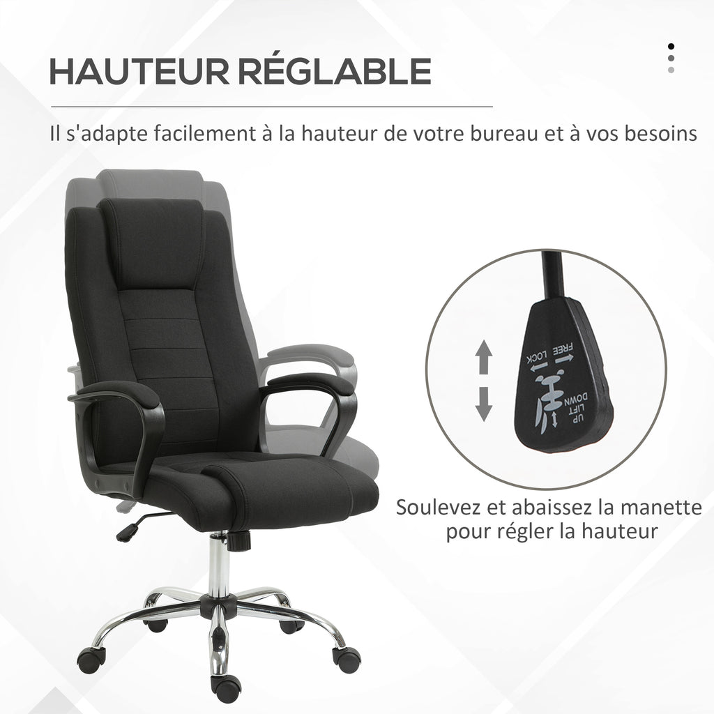 Fauteuil de bureau à roulettes chaise manager ergonomique pivotante hauteur réglable lin noir-3