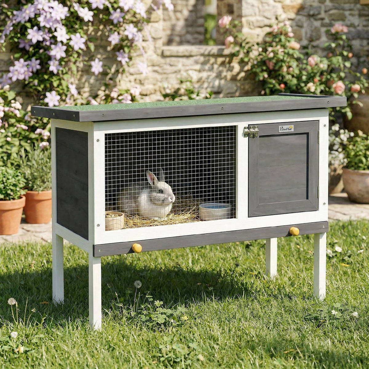 Clapier Lapin Extérieur en Bois, avec Toit Ouvrable en Asphalt et Plateau Coulissant, Design Surélevé, 90x45x65cm, Gris-7