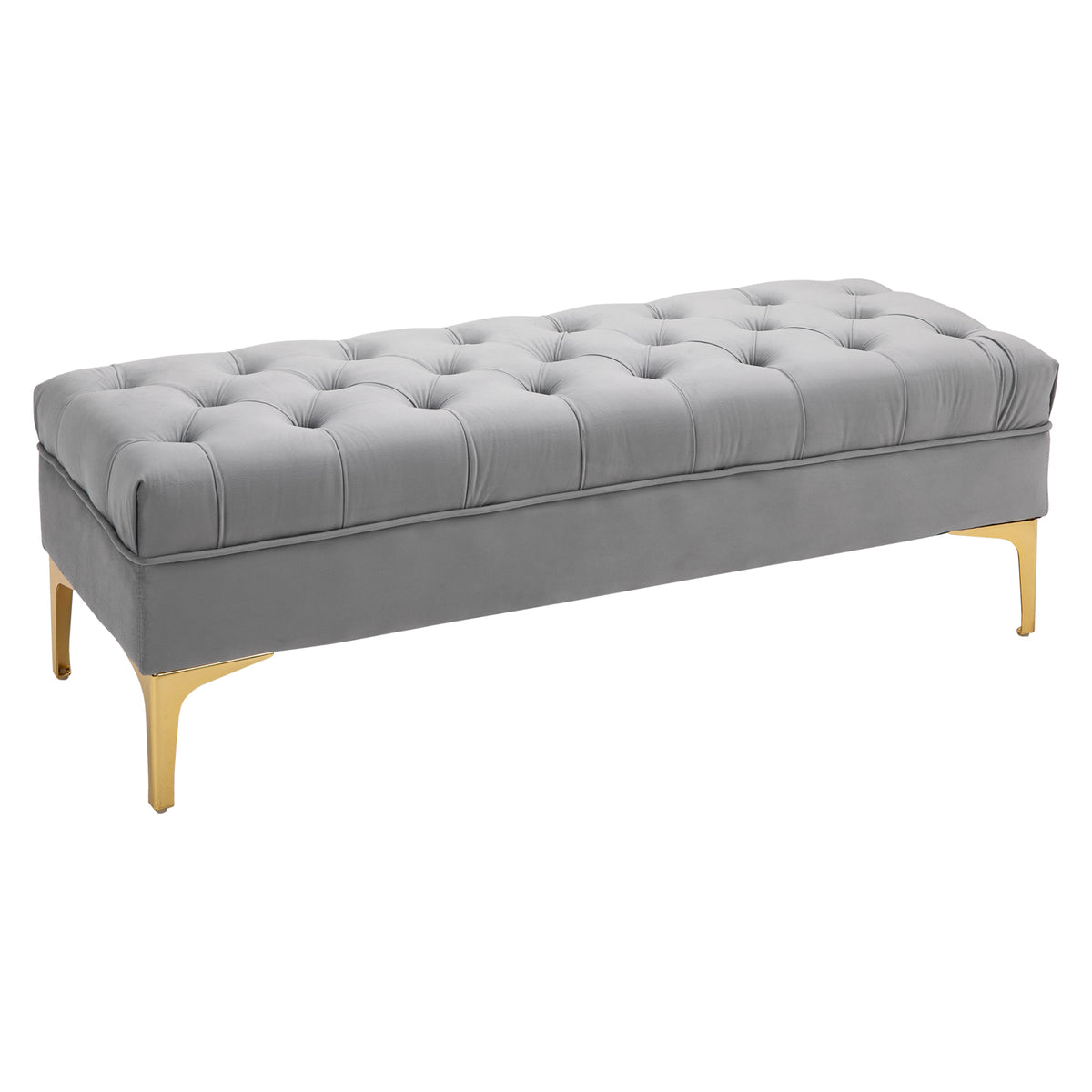 Banc banquette capitonnée bout de lit style classique chic dim. 118L x 45l x 42H cm piètement métal doré velours gris clair-0
