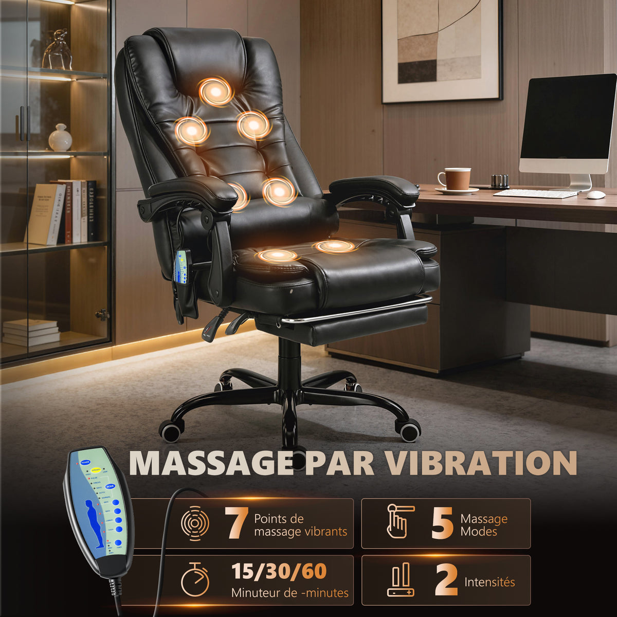 Fauteuil de Bureau Massant 7 Points, Chaise de Bureau Ergonomique avec Repose-pieds Rétractable, Dossier Inclinable 155°, Hauteur Réglable, Pivotant à 360°, télécommande Filaire, Noir-3