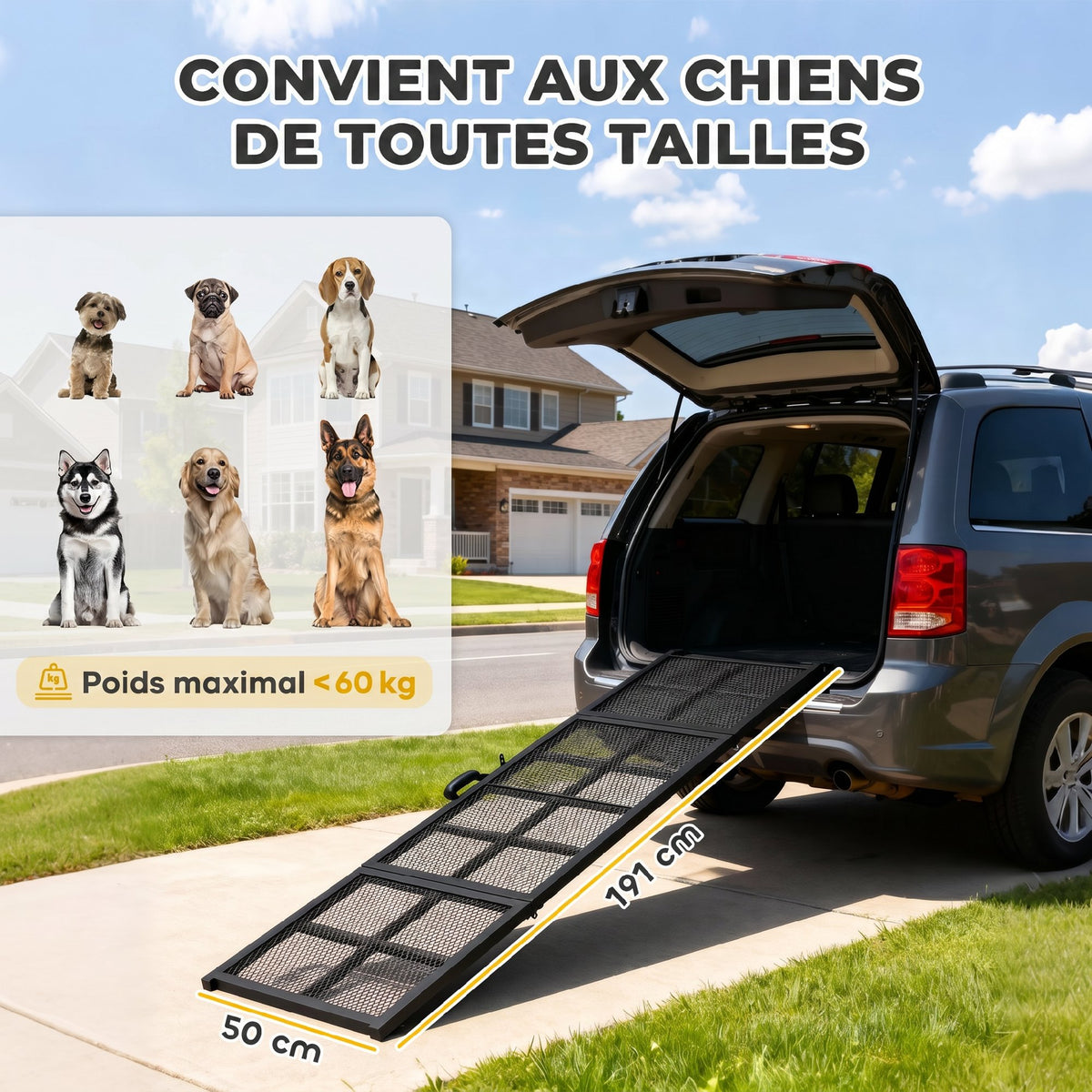 Rampe pour Chien Pliable en Acier, Escalier pour Chien avec Surface Antidérapante, Charge 180 kg, 191 x 50 x 4 cm, Noir-2
