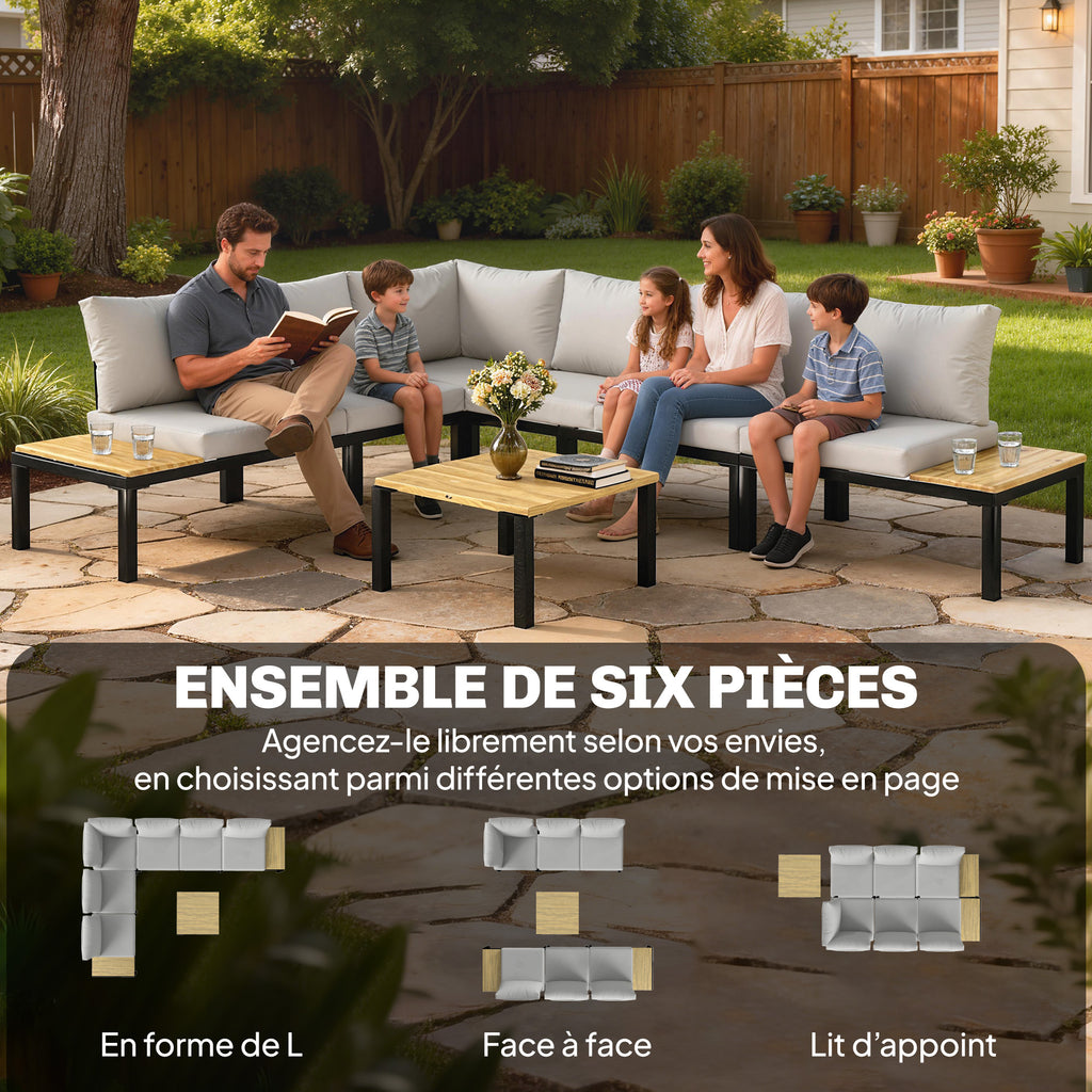 Salon de Jardin Modulaire 6 Pièces Ensemble Canapé Extérieur Transformable en Lit Table Basse et Plateaux Latéraux Gris-3