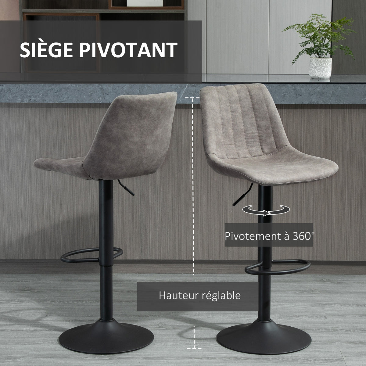 Lot de 2 tabourets de bar style vintage hauteur réglable pivotant avec repose-pied gris-3
