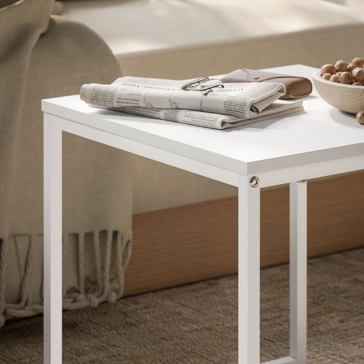 Lot de 2 tables basses gigognes carrées, tables gigognes de salon avec cadre en acier, style moderne, blanc-8