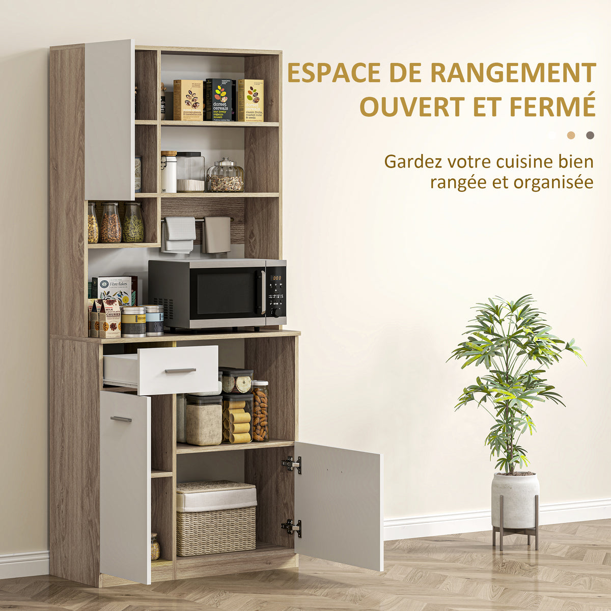 Armoire de cuisine haute, meuble de rangement moderne avec étagères réglables, tiroir, blanc et aspect bois-3