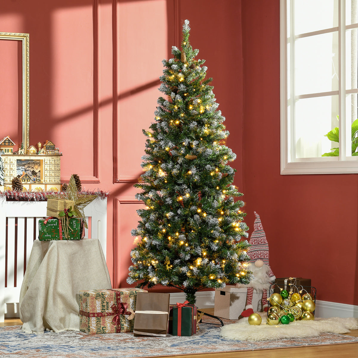 Sapin de Noël artificiel lumineux 703 branches 250 LED 30 pommes de pin support pied pliable hauteur 180 cm Ø 80 vert-1