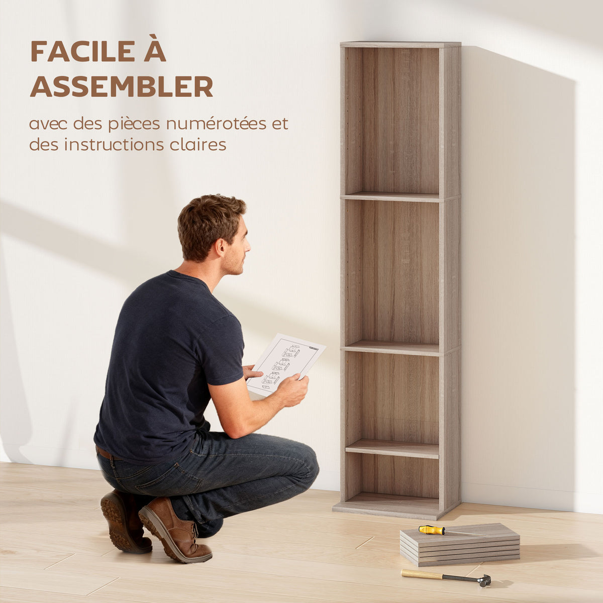 Rangements pour CD et DVD 9 compartiments et 6 étagères réglables capacité max. 260 CD/120 DVD 33 x 24 x 140 cm bois naturel-6