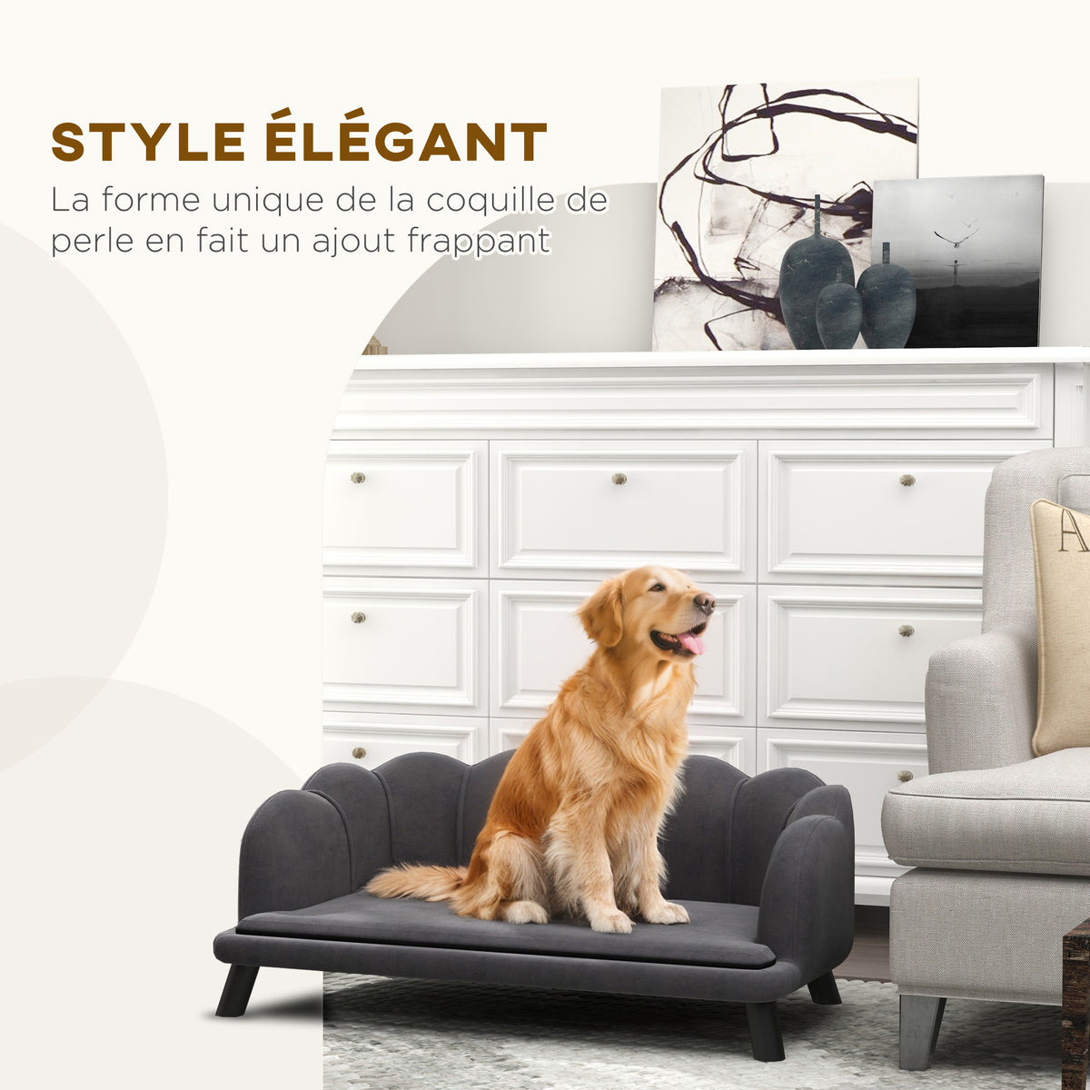 Canapé chien lit pour chien chat coquillage 98L x 60l x 35H cm coussin moelleux velours gris-4