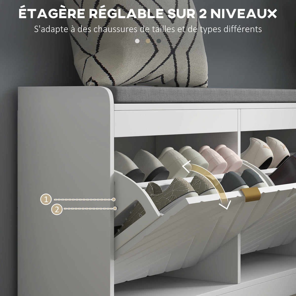 Banc à chaussures, banc de rangement, assise rembourrée, tiroir rabattable, porte avec motif 106 x 24 x 52,5 cm, blanc-4
