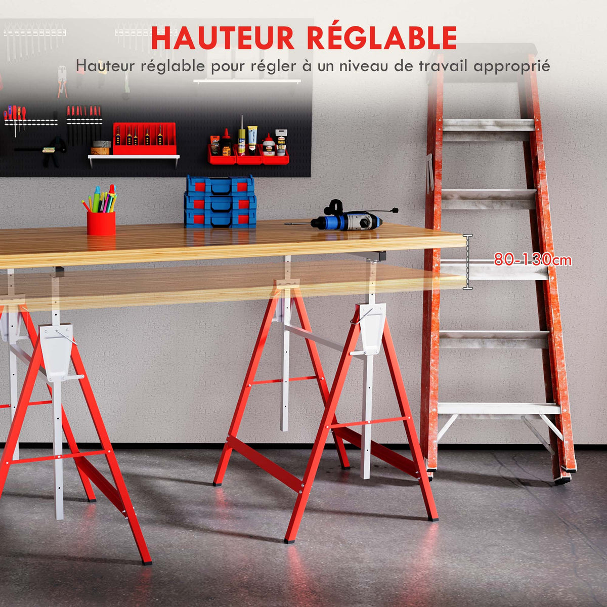 Lot de 2 tréteaux pliables télescopiques hauteur réglable 80-130 cm rouge-3